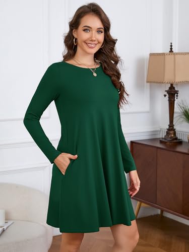 KORSIS Women Long Sleeve Tops T-Shirt Dress Round Neck Casual A-Line Loose Vocation Fall Winter Dress Whith Pockets Drak Green S — view 6