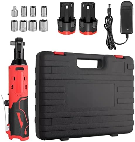 JUSTOOL 3/8" Cordless Ratchet Wrench 35 Ft-lbs 12V Electric Ratchet Wrench Kit Power Wrench with Variable Speed Trigger, Fast Charger, 2-Packs Batteries, 7 Sockets