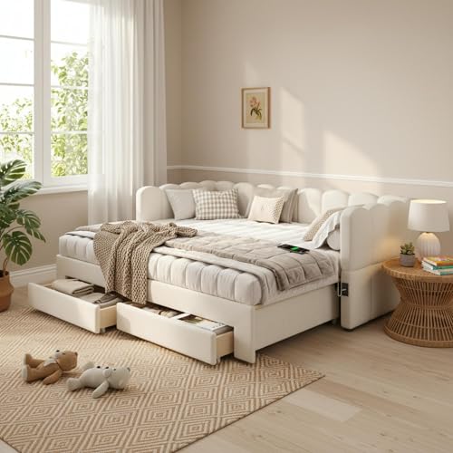 OKYION Cama acolchada 90 x 190 cm, cama nido con cajones de almacenamiento, USB tipo C, sofá cama de invitados, beige lino, sin colchón