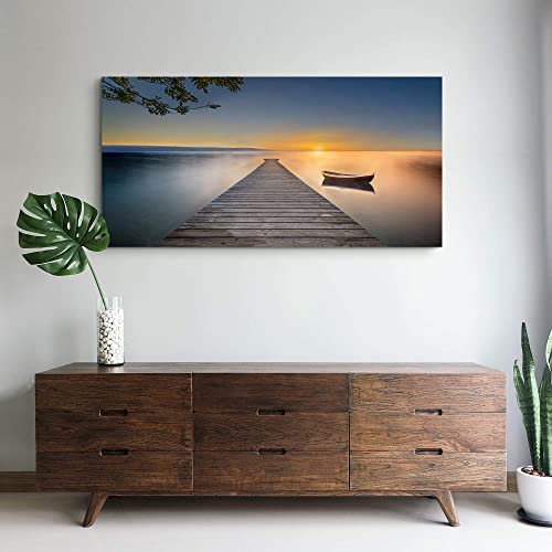 Wallsup Decor Pier Canvas Wall Art Painting - Lake Dock Sunset Scene Picture With Boat Landscape Bridge Boardwalk Calming Nature Artwork Painting For Home Hallway Living Room #TOP5