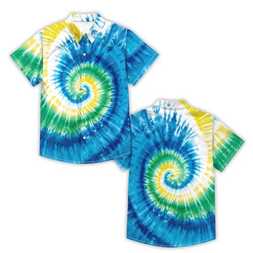 Image of Kids Tie-dye Hawaiian Shirt 80s Button Down Retro Short Sleeve Casual Beach Tropical Funny Party Outfits for Boys