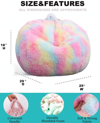 Fluffy Bean Bag Chair for Kids, 2.5FT Round Memory Foam Filled Bean Bag for Teens & Kids, Ultra Soft Faux Fur Fabric Bean Bag Chairs for Playroom, Living Room, Bedroom, Rainbow
