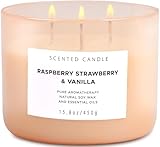 Raspberry Strawberry Vanilla 3-Wick Scented Soy Candle 15.8 oz | Large Sweet Berry Vanilla Scented Candle for...