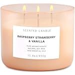 Raspberry Strawberry Vanilla 3-Wick Scented Soy Candle 15.8 oz | Large Sweet Berry Vanilla Scented Candle for Home | Stress Relief & Relaxing Aromatherapy Candle | Strong Throw & Long-Lasting