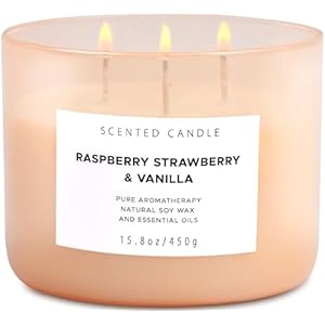 Raspberry Strawberry Vanilla 3-Wick Scented Soy Candle 15.8 oz | Large Sweet Berry Vanilla Scented Candle for Home | Stress Relief & Relaxing Aromatherapy Candle | Strong Throw & Long-Lasting