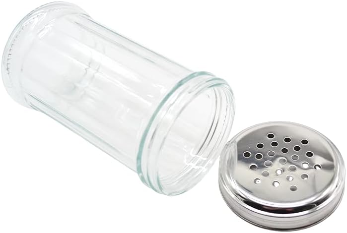2 Pack 12oz 360ml Glass Salt & Pepper Dredge Shaker with Perforated Stainless Steel Screw-On Lid, Tabletop Clear Glass Shaker for Cheese, Salt, Pepper, Sugar, and Spices
