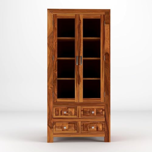 Image of Wood Book Shelf for Home Library | Book Shelf with Acrylic Glass Door | Kitchen Crockery Cabinet, Almirah, Home,Office Study Room Furniture Books Rack (Honey Finish)