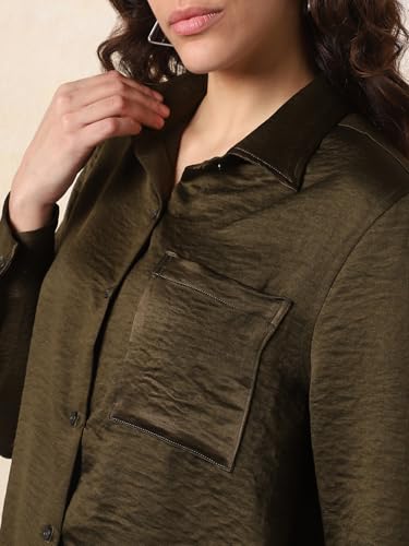 Image of High Star Women Boxy Spread Collar Long Sleeves Solid Shirts 43