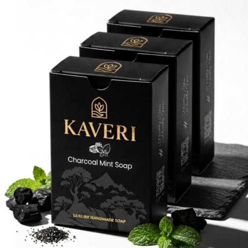 Image of KAVERI Activated Charcoal & Mint Handmade Soap Bar - Cold-Processed Deep-Cleansing Bar, SLS-Free - Pack of 3 Combo (3 x 110g)