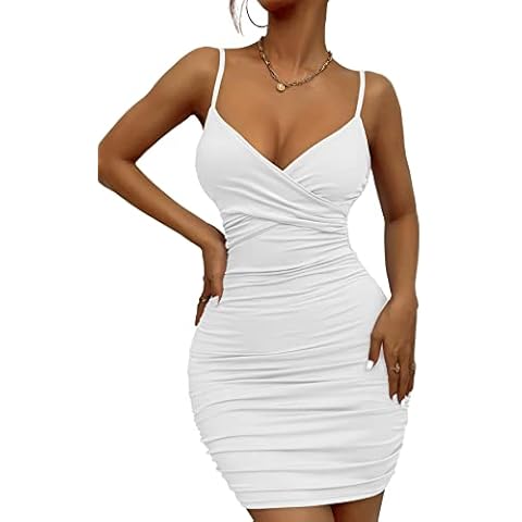 NASUN Women V Neck Spaghetti Strap Dress Ruched Tank Dress Bodycon Club Party Mini Dress HS060 M White Cover