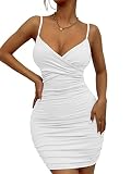 NASUN Women V Neck Spaghetti Strap Dress Ruched Tank Dress Bodycon Club Party Mini Dress HS060 L Whi