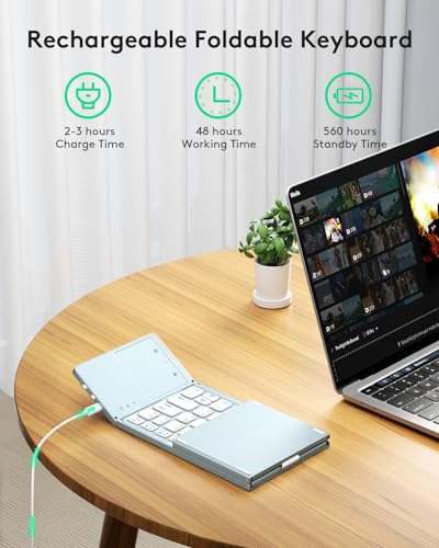 Image of Samsers Foldable Bluetooth Keyboard with Touchpad, Ultra Slim Compact, Blue | Multi-touch Trackpad, Full Size, Phone Holder, USB-C Charging, 3 Device, for Android Windows iOS Mac OS, Mobile Productivity