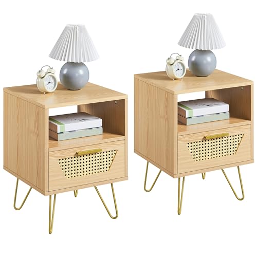 Yaheetech Lot de 2 Tables de Chevet Scandinave, Table de Nuit en Bois, 1 Tiroir en Rotin, 1 Compartiment Ouvert et Pieds Métalliques, Table d'Appoint pour...