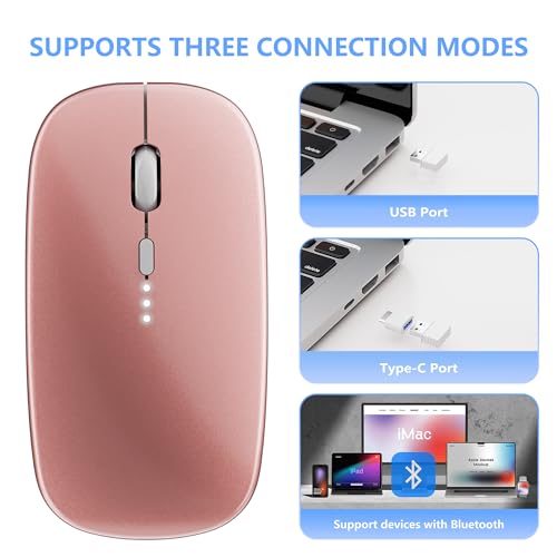 Image of QIJIAYI Slim Rechargeable Wireless Silent Mouse - 2.4G Wireless & Bluetooth Technology - Flexible Connection Modes via Bluetooth, USB or Type C for Laptop /PC /Mac /iPad /Computer (Rose Gold)