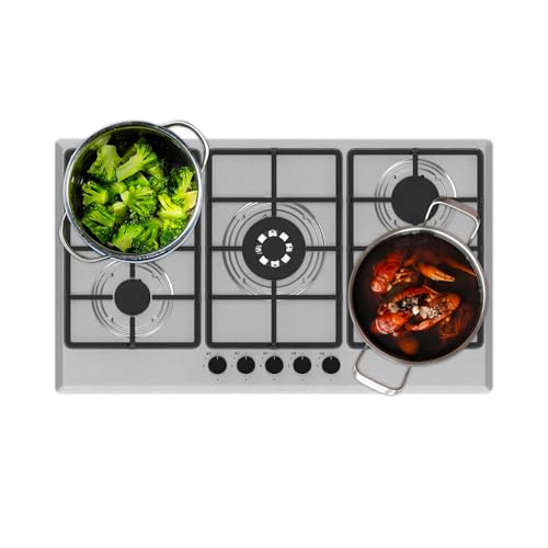 Avilia Placa de cocción de 5 quemadores de gas de 90 cm de acero inoxidable con rejillas de hierro fundido, cocina a gas profesional para casa