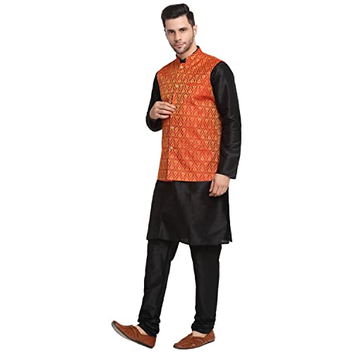 Image of KRAFT INDIA Mens Gold Silk Blend Kurta and Churidar Set With Jacquard Paisley Nehru Jacket