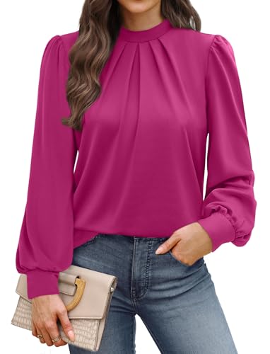 Image of WIHOLL Long Sleeve Shirts for Women Mock Neck Tops Pleated Front Blouses Dressy Casual Spring Fall Clothes 2026 Fashion