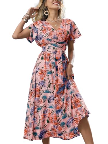 Women's Boho Summer Wrap Midi Dress - Palm Leaf Floral Print V-Neck Ruffle Short Sleeve Casual Beach Vacation Dress L Pink