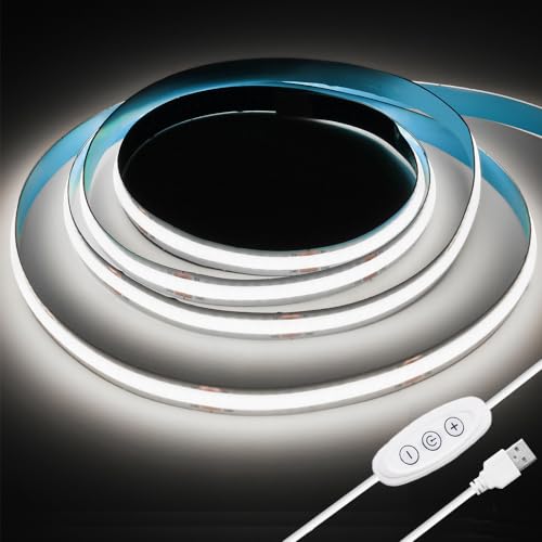 Image of USB Powered COB Led Strip Lights, 6.56Ft Battery Operated 6000K LED Strip Lights, High Brightness Flexible LED Tape Lights for Room, Cabinet, Bedroom, Kitchen, Party, Home DIY Indoor Deco