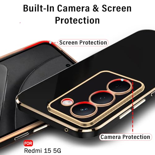 Image of TheGiftKart Luxurious Golden-Plated Back Cover Case for Mi Redmi 15 5G | Raised Lips for Camera & Screen Protection | Shockproof Design | Stylish Back Cover Case for Redmi 15 5G (TPU, Black)