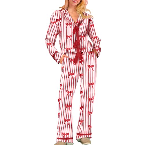 Aopwsrlyi Christmas Pajamas for Women Set Bow Tie Long Sleeve Shirt and Pants 2 Pcs Pjs Set Satin Silk Xmas Sleepwear (Red
