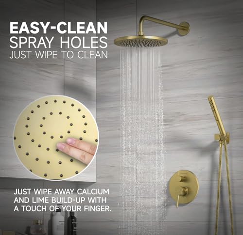 Image of Lava Odoro Modern 3-Setting Round Rain Bathtub and Shower Faucet Set, Gold Rainfall Shower Head and Handle Set, Rain Shower System with Tub Spout, Shower Valve Trim Kit, Brushed Gold, SF104-SG-T