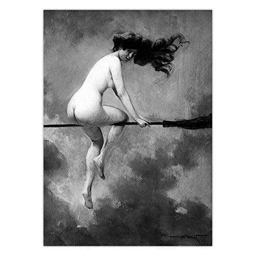 HUAZAI Canvas painting Witch Riding Broomstick Vintage Poster Wall Art Canvas Print Witch Broom Gothic Occult Halloween Antique Black White Painting living room