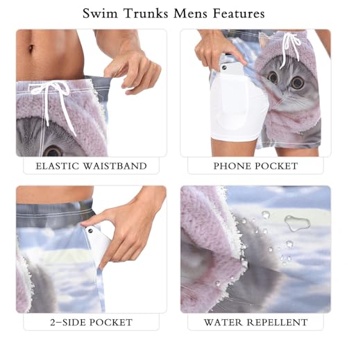 Mens Swim Trunks with Liner, Cat Scarf Cute Cool Quick Dry Beach Swim Shorts, Swimwear Bathing Suits S3