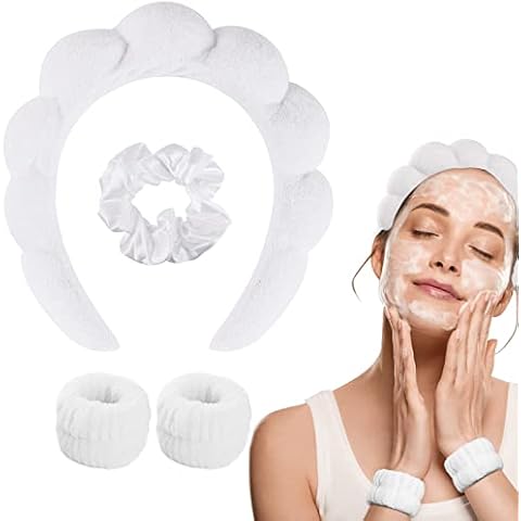 WD&CD Spa Headband for Women, 1 Makeup Headband and 2 Wrist Washband and 1 Hair Scrunchies Set for Face Washing, Skincare, Shower, Makeup Removal - White Cover