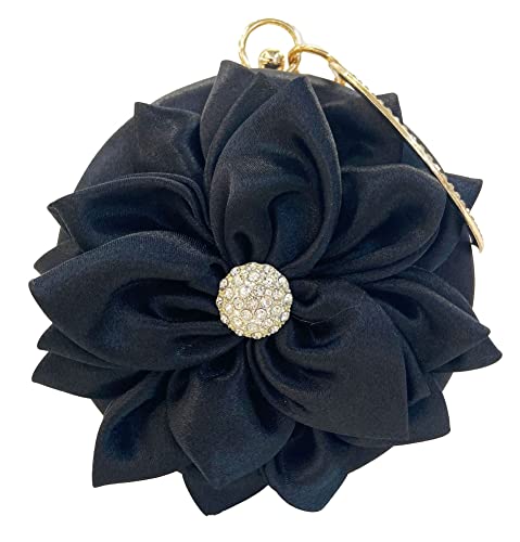 Obosoyo Women Flower Shaped Rhinestone Clutch Soft Satin Wristlet Handbag Round Purse Wedding Party Purse Clutch Evening Bag