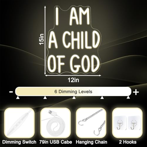 Image of I Am a Child of God Neon Sign Dimmable Neon Signs for Wall Decor LED USB Light Up Sign for Christian Wall Art Baptism Gifts Jesus Room Decor Toddler Little Girl Playroom Nursery Bedroom Classroom