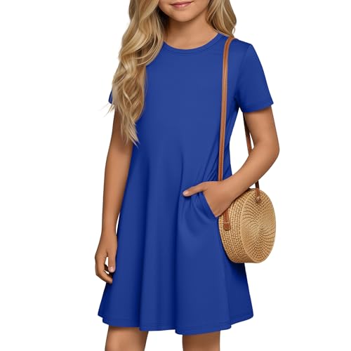 Langyiwee Girls Short Sleeve Dresses with 2 Pockets Summer Casual a Line Crew Neck Swing Basic Skater Twirl Kids 5-14 Years(Blue 5-6 Years)