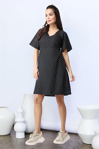 Image of POPWI1NGS Casual Printed V-Neck Short Sleeves Knee-Length Fit and Flare Dress for Women || Frokc-Style Summer Wear Dresses for Women || Loose-Fit Comfortable Women Dress for Regular Wear