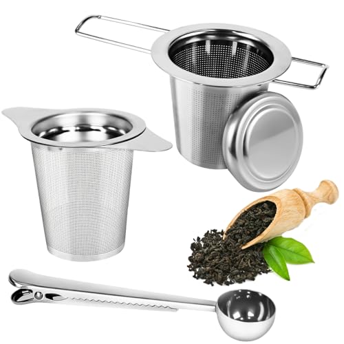 2 Stück Teesieb für Losen Tee,Teesieb für Tasse,Teefilter 304 Edelstahl mit Teelöffel,Klappgriff und Deckel,Wiederverwendbar, Passend für die Meisten Teetassen,Teeschalen,Teekannen