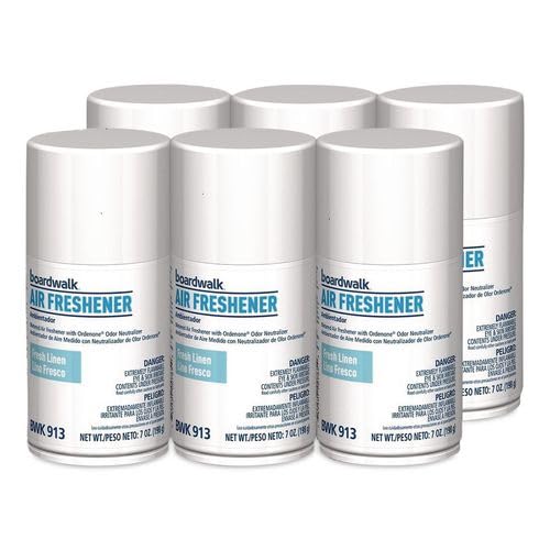 Boardwalk 7oz Metered Air Freshener Refill, 6-Pack, Fresh Linen Scent, Aerosol Spray, Fits Most Dispensers, Odor Eliminator, Made in the USA