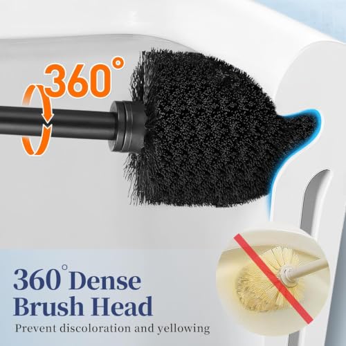 Image of HAMITOR Toilet Bowl Brush Holder Set: Classic Round Bristle Head Deep Cleaning Cleaner Scrubber with Tall Caddy for Restroom - Home Bathroom Decor Accessories - Black 3 Pack