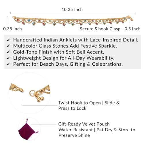 Image of Duel On Jewel Gold Payal Set for Women, Indian Paayal Jhanjar Chain Anklets with Bell Detail, Foot Jewelry Pair, 10 Inch Comfort Fit, Traditional & Dainty Styles for Wedding Beach Everyday Gift