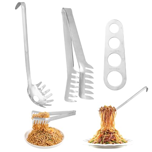 3 Stück Spaghettilöffel, Nudelzange Edelstahl, Hängbar Nudelschöpfer Set, Nudelmesslineal, Serviergabel mit Zähnen zum Backen und Kochen von Nudeln, Silber