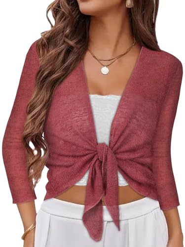 Image of Women Crop Cardigan Sheer Mesh Bolero Shrug for Dress Tie Front 3 /4 Sleeve Tops