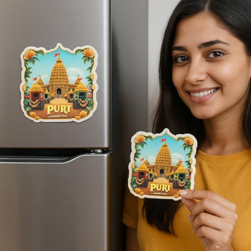 Image of Naxon Jagannath Temple Puri Theme Souvenir Wooden Fridge Magnet - 3x3 Inch Refrigerator Magnet for Kitchen & Home Decor | Spiritual Travel Souvenir Gift | Pack of 1