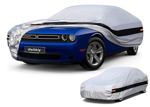 Image of Holhtly Car Cover Custom Fit for Dodge Challenger, Car Covers for Automobiles All Weather Waterproof Sun Snow Rain Wind Dust Protection, Outdoor Car Cover Gray & Black