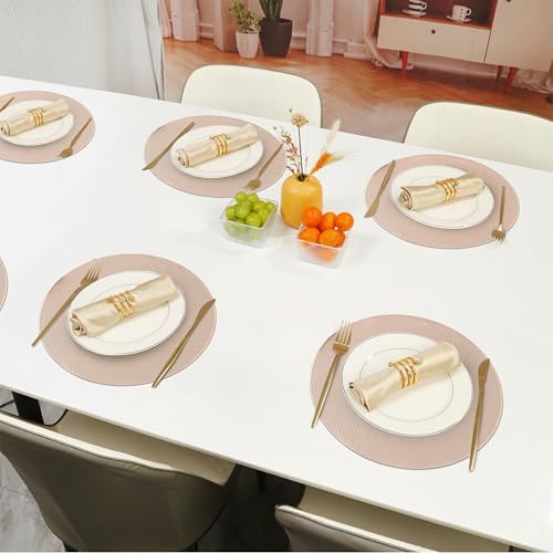 Image of Yellow Weaves 6 Pcs PVC Round Table Placemats, Dining Table Mat, Stain Resistant, Anti-Skid, Waterproof, Washable, Dining, Kitchen, Restaurant Table Set Easy to Clean, Durable (Spiral Rose Gold)