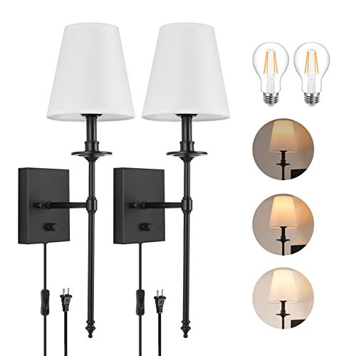 GOODATE Dimmable Wall Sconces Set of Two, Plug in Wall Sconces White Fabric Shade, Wall Lamp for Bedroom, Living Room, Plug in Wall Light Sconces Wall Decor Set of 2, LED Bulbs Included, Black