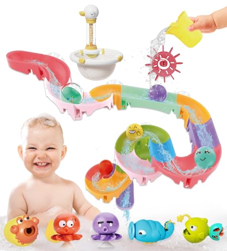 Image of FORINCES Toddler Bath Toys - 41 PCS Kids Bathtub Toy Set with DIY Water Slide Track and Fishing Net Animals Floating Toys Baby Shower Time Game Toys for 1 2 3 4 5 Year Old Christmas Birthday Gifts
