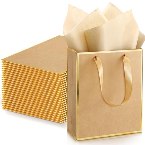 Image of Yeaqee 24 Pack Metallic Paper Gift Bag with Tissue, Kraft, Gold | with Satin Ribbon Handle and Tissue, 9x7x3.1 Inch, Suit Business, Birthday, Christmas, Thank You Return Gifts Bags
