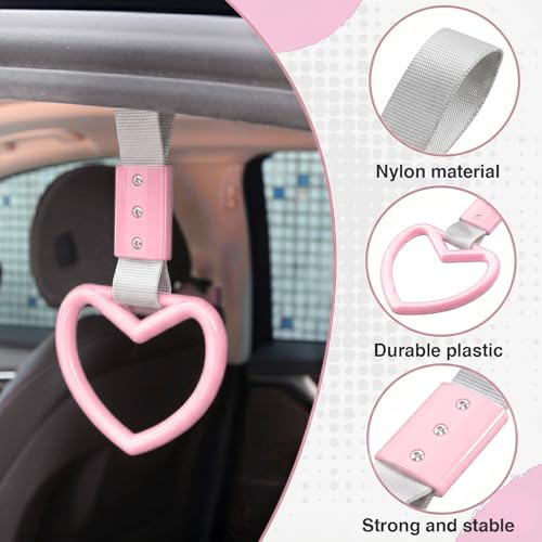 Image of 2PCS Heart Shaped Car Handle Straps, Rear Bumper Warning Keychain Ring for Car Exterior Accessories (Pink-Silver)