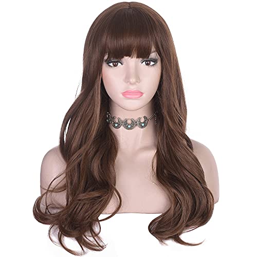 Image of Wynk Mavens Chocolate Brown long wavy with bangs hair wig |Heat Friendly Synthetic Fibers | Fashion Wigs