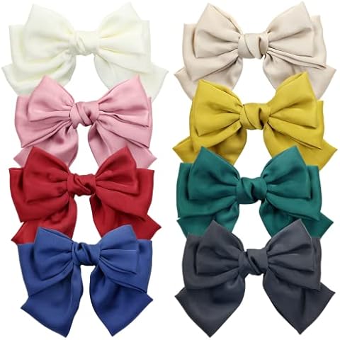 Cinaci 8 Pack Big Large Oversized Silk Ribbon Bow French Barrettes Hair Clips Ponytail Holders Accessories for Women Girls Teens Cover