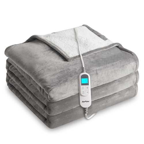 SUNVIVI Heated Blanket Queen Size, Electric Throw Dual Control, 5 Years Warranty, 10 Heat Settings, 12 Hours Auto Off, Soft Flannel and Sherpa, Machine Washable, ETL Certified,Grey