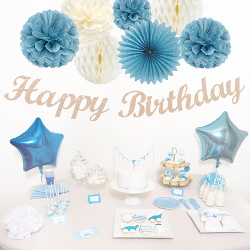 Image of Dusty-Blue White Birthday Party-Decorations Paper-Flowers - 14pcs Happy Banner Boy Lanterns Tissue Pom Poms,Men Streamers Garland Fans Honeycomb,Baby Teen Male Kids Hanging Supplies Decor Hugfond